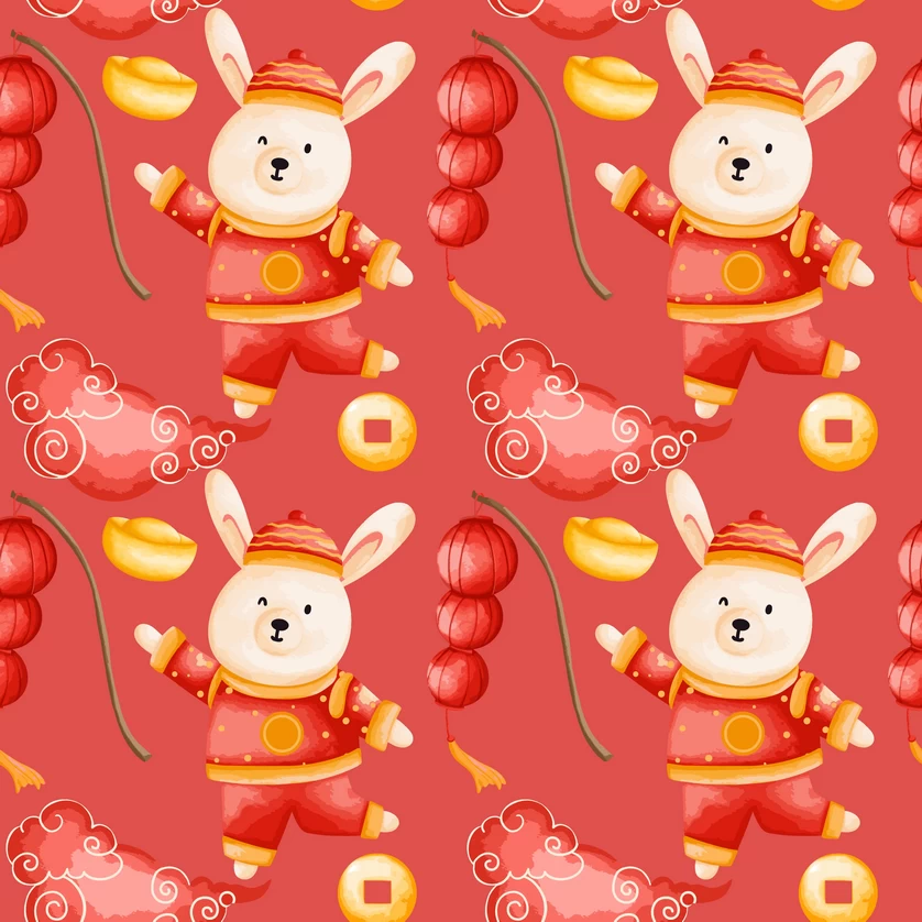 兔年红色喜庆新年春节元素印花效果无缝背景底纹AI矢量设计素材【006】